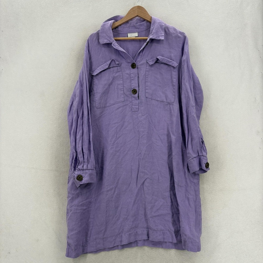 J. Jill Love Linen Shirt Dress Womens L Purple Collared Pocket Tunic 3/4 Sleeve